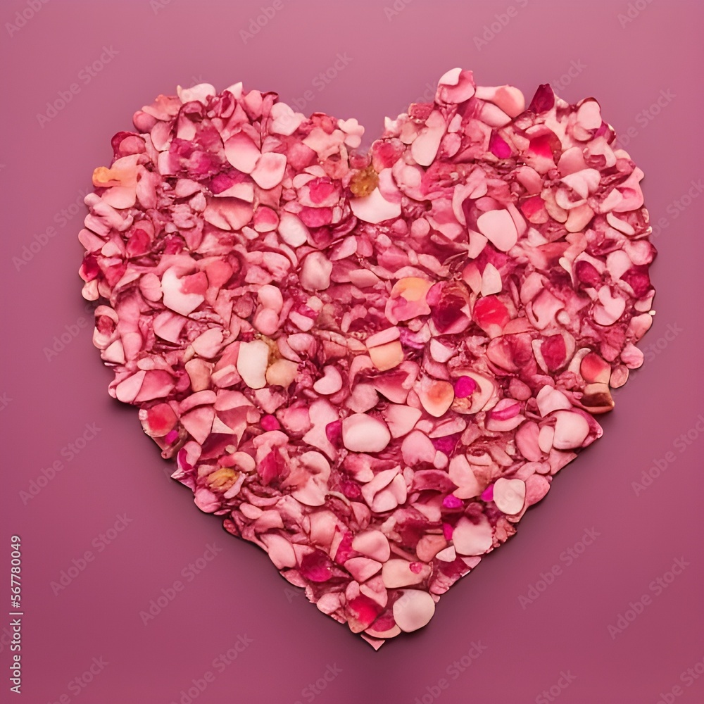 Big heart made of rose petals, on a pink backgraound, created with generative AI tools. Big heart made of rose petals, on a pink backgraound, created with generative AI tools.