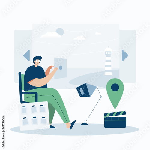 Video Grapher working with video web template, cartoon style Screen web template for mobile phone, landing page, template, UI, web, mobile app, poster, banner, flat Vector illustration