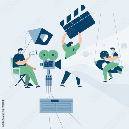 Video Grapher working with video web template, cartoon style Screen web template for mobile phone, landing page, template, UI, web, mobile app, poster, banner, flat Vector illustration