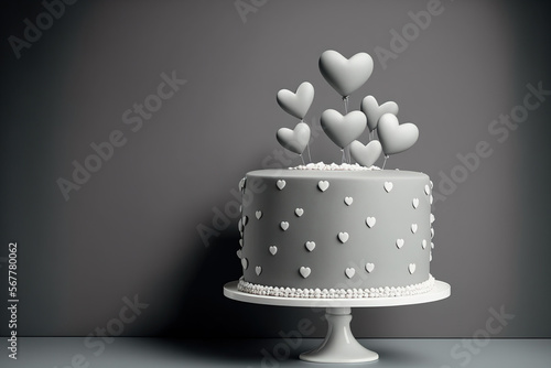 Gray backdrop with close up of a cake with little hearts and a heart cake topper. romantic idea of love. Background of a Valentine's, Mother's Day, or birthday cake card. Horizonlal. Generative AI photo