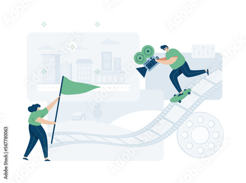 Video Grapher working with video web template, cartoon style Screen web template for mobile phone, landing page, template, UI, web, mobile app, poster, banner, flat Vector illustration