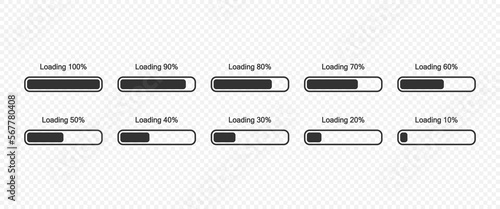 Loading bar progress icons set. The loading process is from 10 to 100 percent symbols isolated. Vector EPS 10