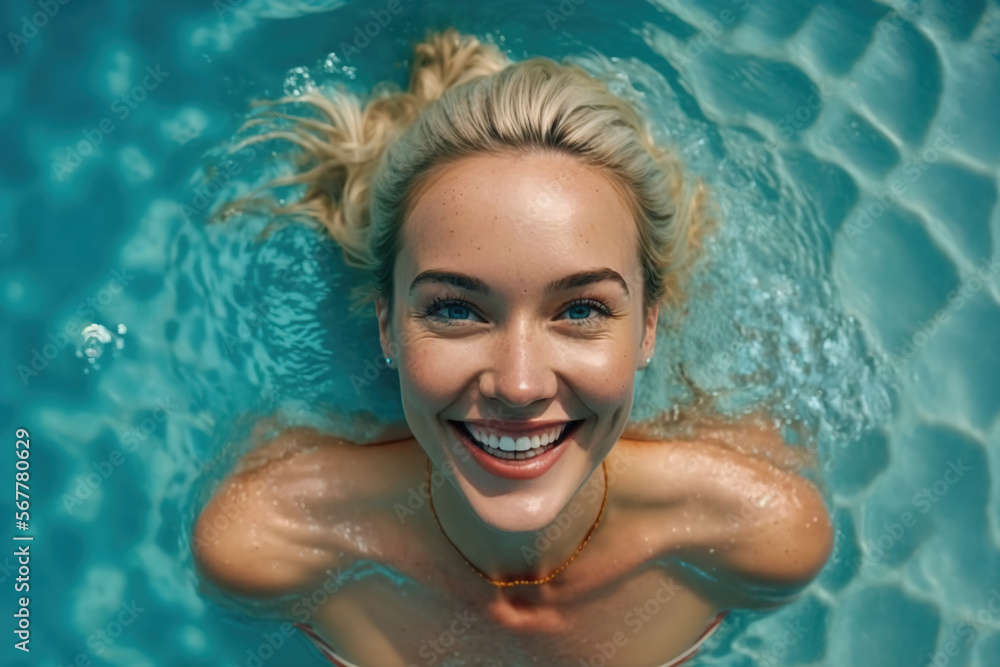 Pretty woman in a swimming pool, view from above. Cooling off in summer. ia generate. Pretty woman in a swimming pool, view from above. Cooling off in summer. ia generate.