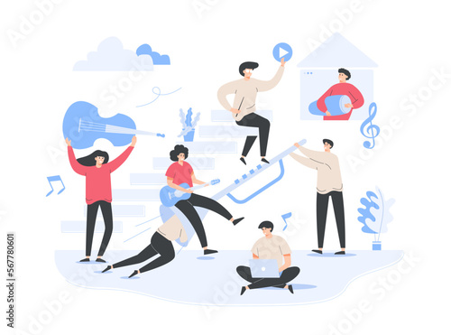 Working on music by musicians web template, cartoon style Screen web template for mobile phone, landing page, template, UI, web, mobile app, poster, banner, flat Vector illustration