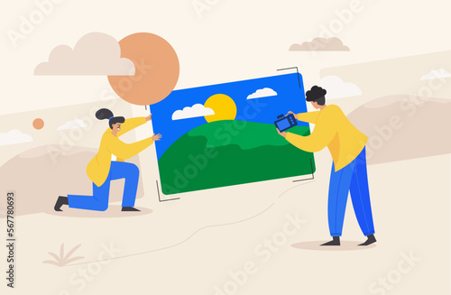 Couple drawing conversation web template, cartoon style Screen web template for mobile phone, landing page, template, UI, web, mobile app, poster, banner, flat Vector illustration
