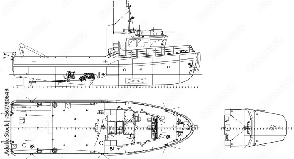 Fishing vessel detailed cutout vector illustration sketch