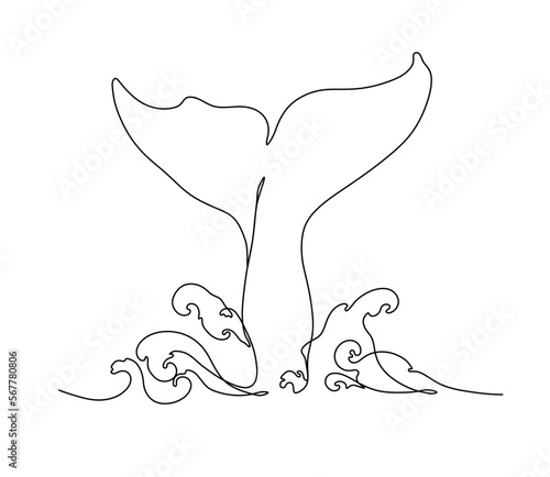 Vector isolated one single line tail from waves colorless black and white contour line easy drawing