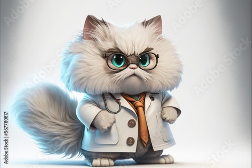 Doctor Cat 3d in a white medical coat on white background, ai generated