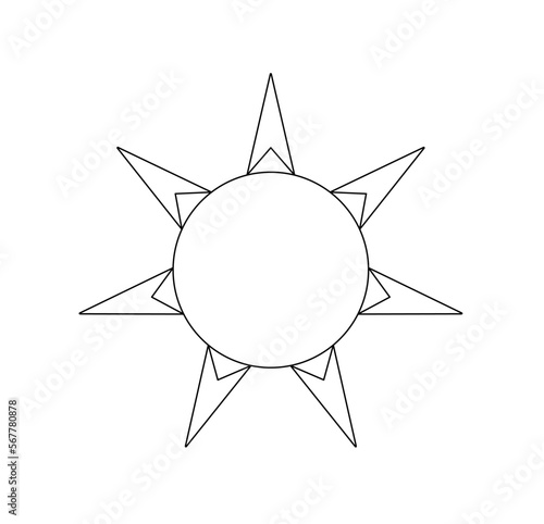 Vector isolated round circle sun with seven 7 triangle rays colorless black and white contour line drawing