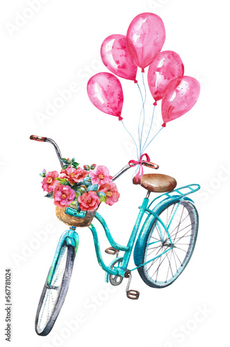 Watercolor bicycle. An old bicycle with a basket of pink roses and balloons © Eva Kleinman