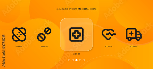 Medicine and Health icons in glassmorphism style. Medical symbol on gradient background. Vector EPS 10