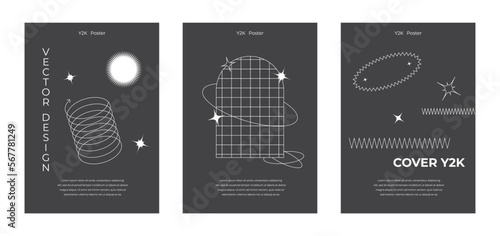 Trendy brutalism style posters with geometric shapes and black background. Modern minimalist print with simple figures and abstract graphic elements, vector poster template set. Vector illustration