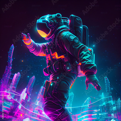 3D illustration of astronaut dancing in futuristic neon lit cyberpunk city. Neon pink blue violet night astronaut. Generative ai. Illustration art.
