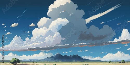 Picturesque panorama of distant dormant volcanic mountain range, majestic cumulus clouds high above in blue sky  gorgeous warm and sunny summers day - generative AI illustration.   © SoulMyst