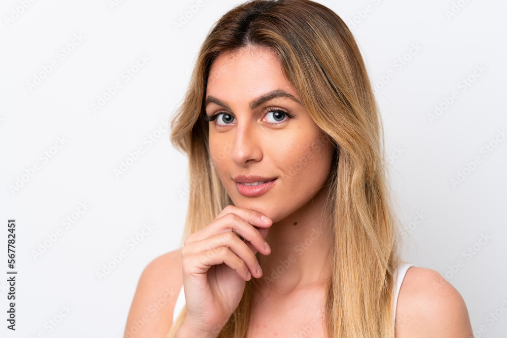 Young Uruguayan woman isolated on white background . Portrait Young Uruguayan woman isolated on white background . Portrait