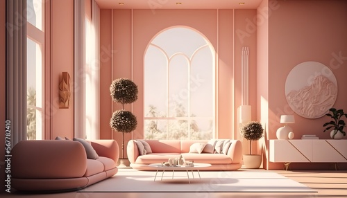 ピーチ ピンクの家具、ジェネレーティブ ai、家具付きのモダンなミニマリスト建築のオフィス インテリアを備えたモダンなリビング ハウス, generative ai