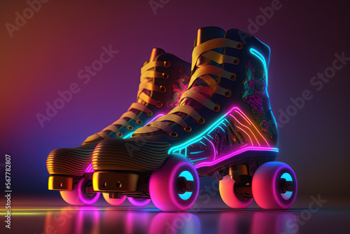 Generative AI, Roller skate in cyberpunk style, disco nostalgic 80s, 90s. Neon night lights vibrant colors, photorealistic horizontal illustration of the futuristic city. Sport activity concept. 