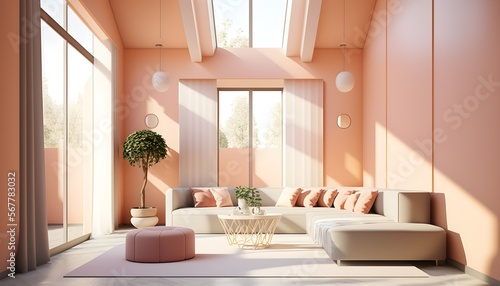 Modern living house with peach pinks furniture, generative ai, modern minimalist architecture office interior with furniture 
