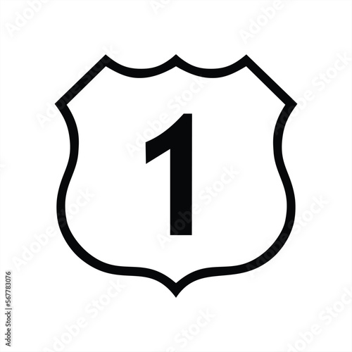 US route 1 sign, black and white shield sign with route number, vector illustration
