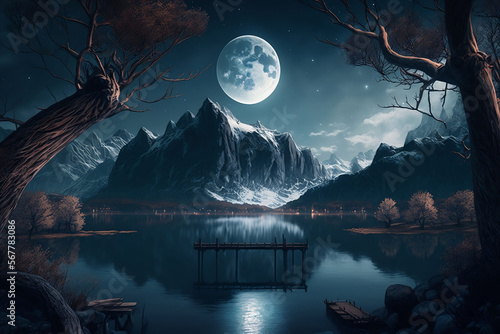 Get Lost in the Beauty of an AI Generated Illustration of a Majestic Mountain Landscape Under a Stunning Big Moon! © Diyanart