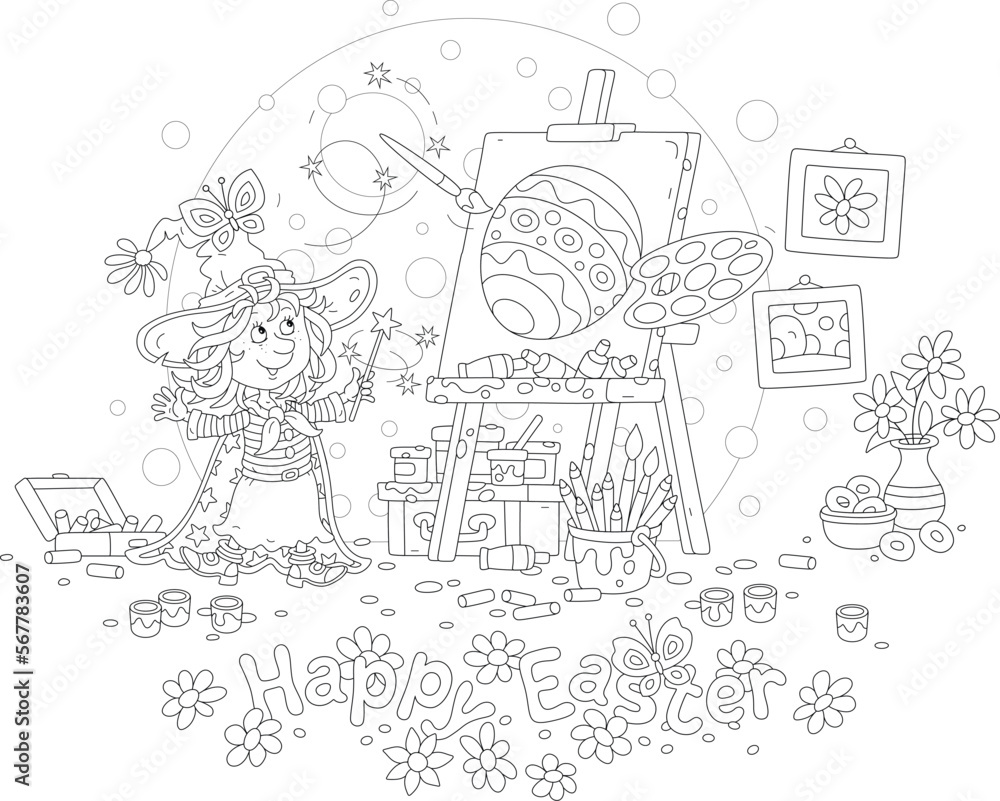 Happy Easter card with a little fairy waving her gold magic wand and drawing a decorated gift egg on an easel with a flying paintbrush and bright paints from a palette, vector cartoon Happy Easter card with a little fairy waving her gold magic wand and drawing a decorated gift egg on an easel with a flying paintbrush and bright paints from a palette, vector cartoon