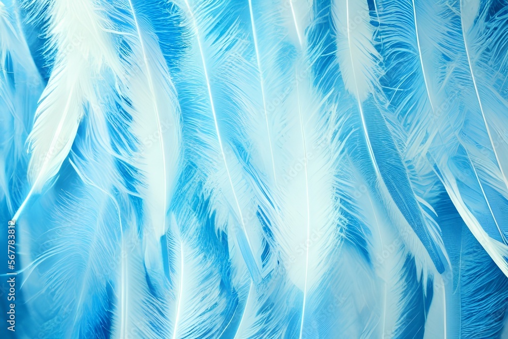 Fototapeta premium Feathers in blue light. Background soft lighting for feather. Heaven wallpaper - generative ai