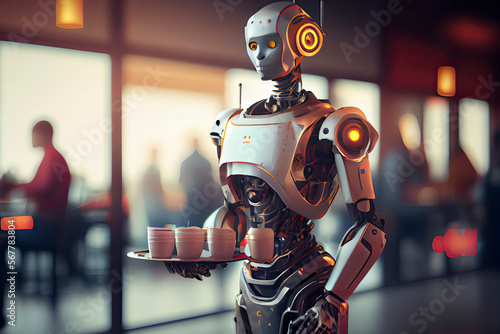 A humanoid robot waiter carries a tray of food and drinks in a restaurant