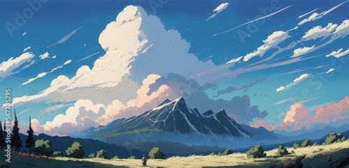 Picturesque panorama of distant dormant volcanic mountain range, majestic cumulus clouds high above in blue sky; gorgeous warm and sunny summers day - generative AI illustration. 
