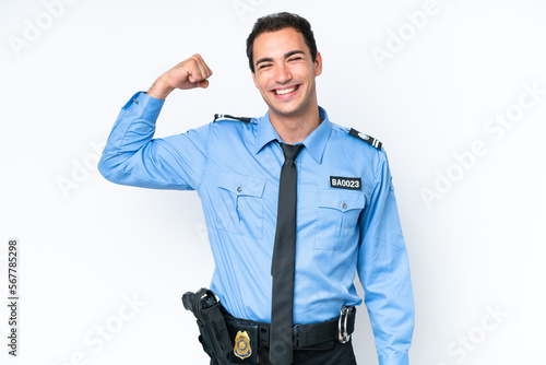 Young police caucasian man isolated on white background doing strong gesture