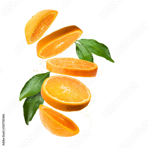 Orange fruit sliced with leaves and juice drops, isolated on white background.