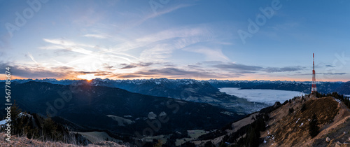 Panorama photo of sunrise on the German mountain 