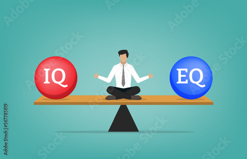 Businessman relaxing and meditate on the seesaw, balancing between IQ and EQ or Intelligence Quotient and Emotional Quotient concept