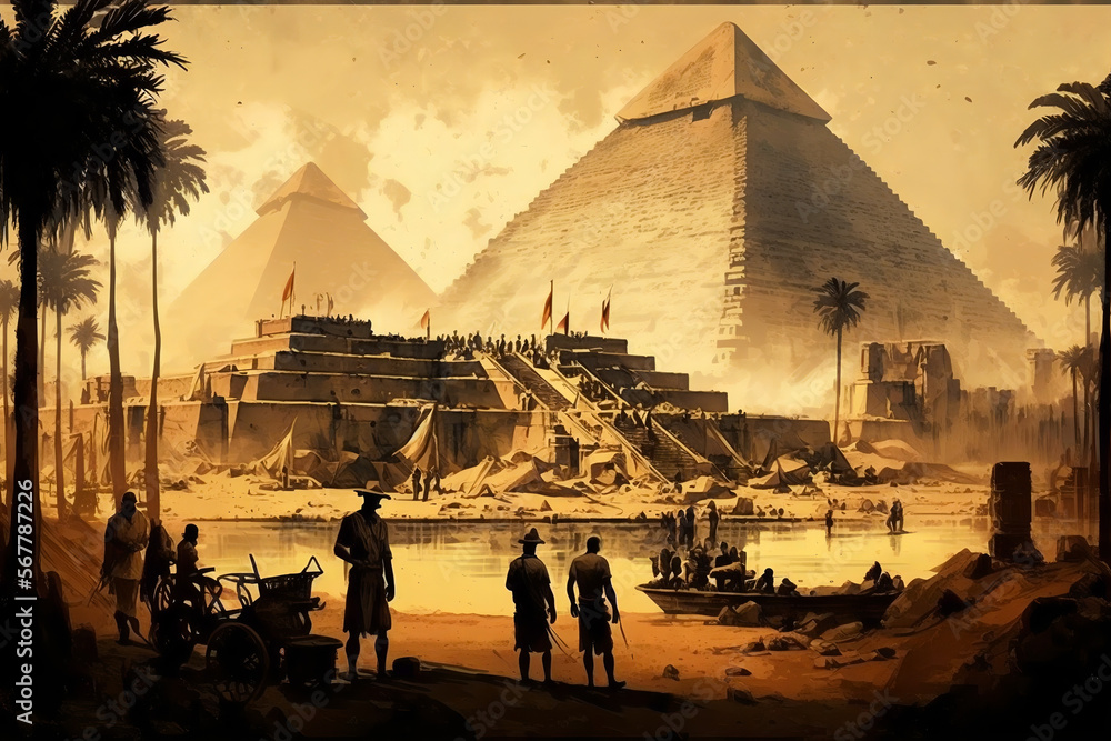 Ancient egypt civilization, people and workers building pyramids