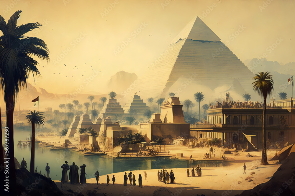 Ancient egypt civilization, people and workers building pyramids. Historic event, monument by nile river. Generative AI. - obrazy, fototapety, plakaty 