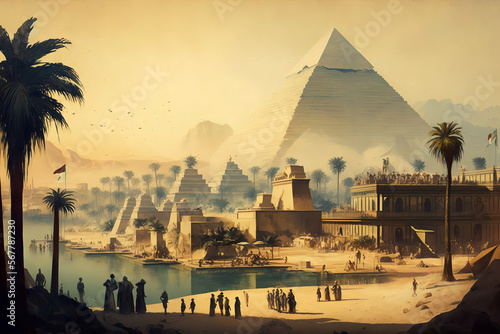 Ancient egypt civilization, people and workers building pyramids. Historic event, monument by nile river. Generative AI. photo