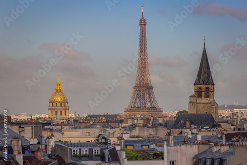 Paris Cityscape With Eiffel Tower and Invalides golden dome, Paris, France