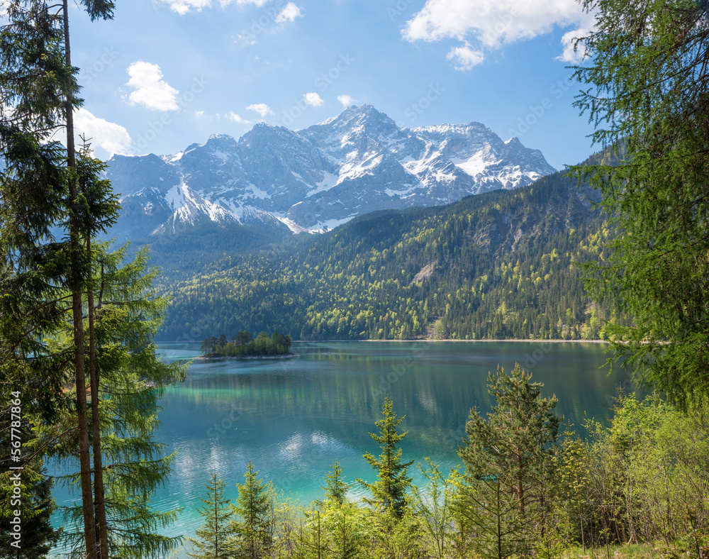 pictorial bavarian alpine landscape, view to lake Eibsee and Zugspitze mountain