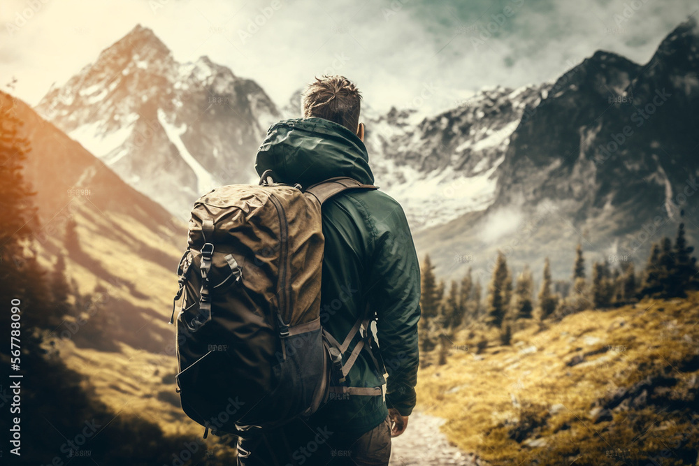 Man up on a mountain at sunny day - Traveler with backpack hiking nature - Motivational picture, sport lifestyle and successful concept. Generative AI. Man up on a mountain at sunny day - Traveler with backpack hiking nature - Motivational picture, sport lifestyle and successful concept. Generative AI.