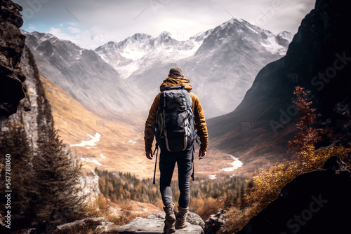 Man up on a mountain at sunny day - Traveler with backpack hiking nature - Motivational picture, sport lifestyle and successful concept. Generative AI. © Zenturio Designs