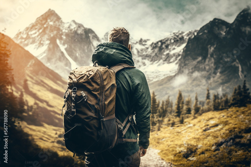 Man up on a mountain at sunny day - Traveler with backpack hiking nature - Motivational picture, sport lifestyle and successful concept. Generative AI. © Zenturio Designs