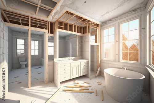 Modern home bathroom remodel house under construction. Generative AI
