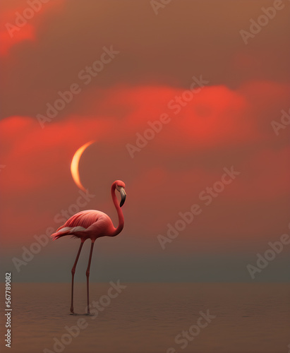 pink Flamingo in the sea at sunset and red clouds and sky. 3D rendering. generative ai 