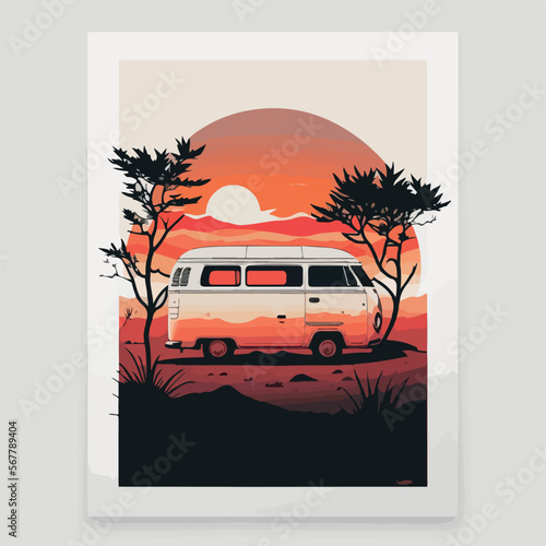 Campervan in the nature sunset
