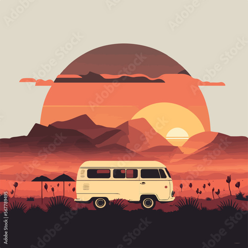 Campervan in the nature sunset