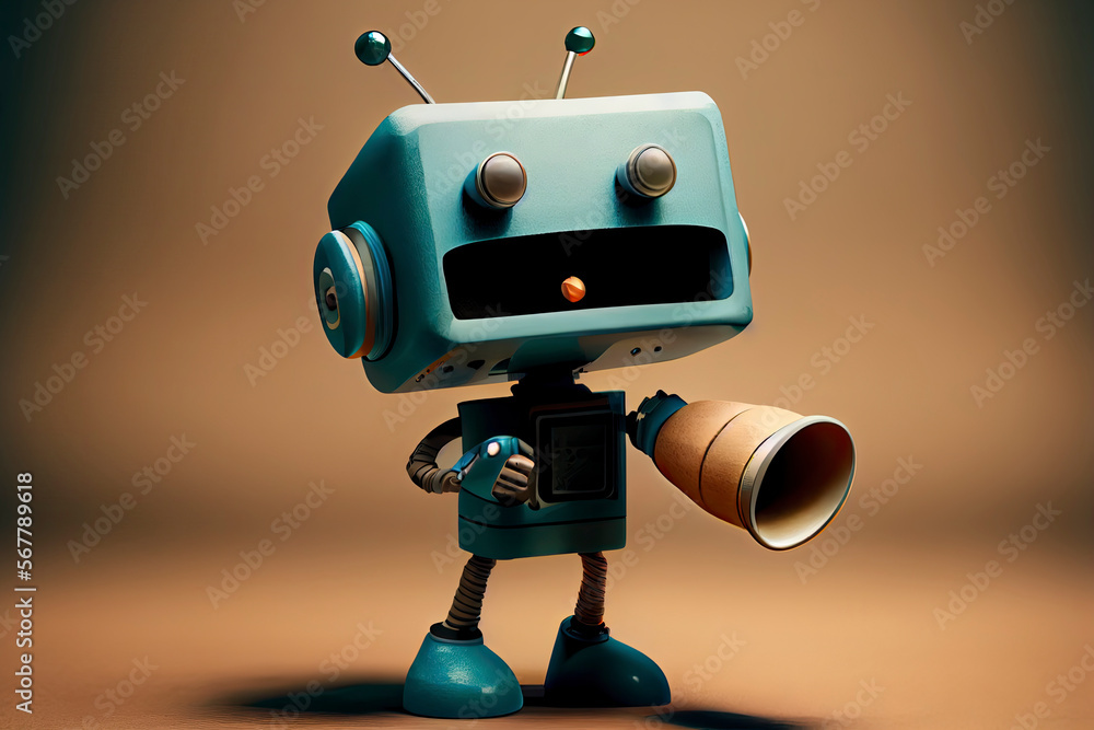 Online marketing idea featuring a little, adorable robot holding a megaphone without its legs Online marketing idea featuring a little, adorable robot holding a megaphone without its legs