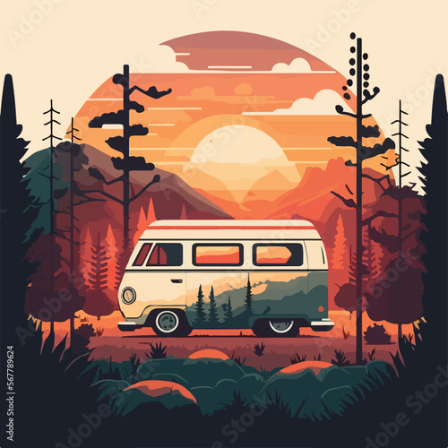 Campervan in the nature sunset