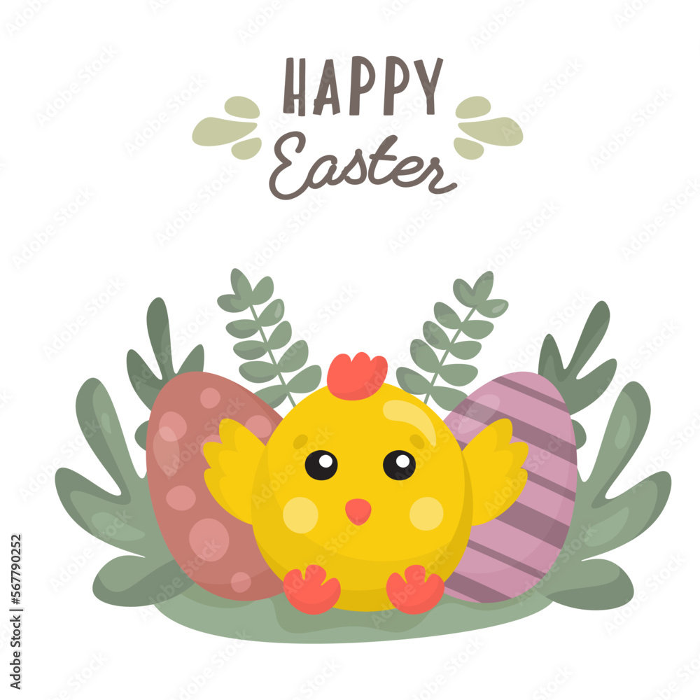 Easter card, cute cartoon characters chicken with eggs. Vector graphic. Happy Easter day cards. Eggs hunt. For Easter decoration, printing, web page. Cute amazing spring design.