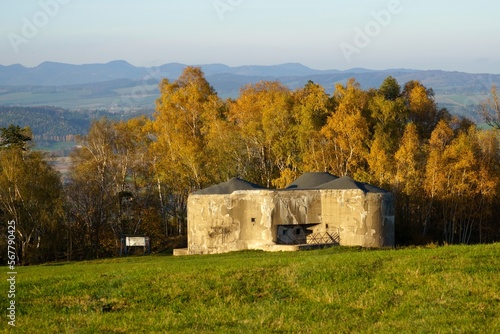 Pre-war concrete infantry blockhousebuilt in Czechoslovakia as a defense line on the state borders between 1937 and 1938. 