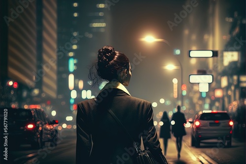 An elegant businesswoman walks by in the downtown at night. Generative ai