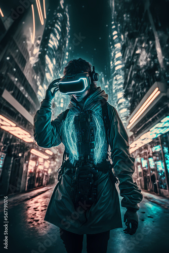 A man is testing a Virtual Reality futuristic helmet and looking into the future created in Generative Ai